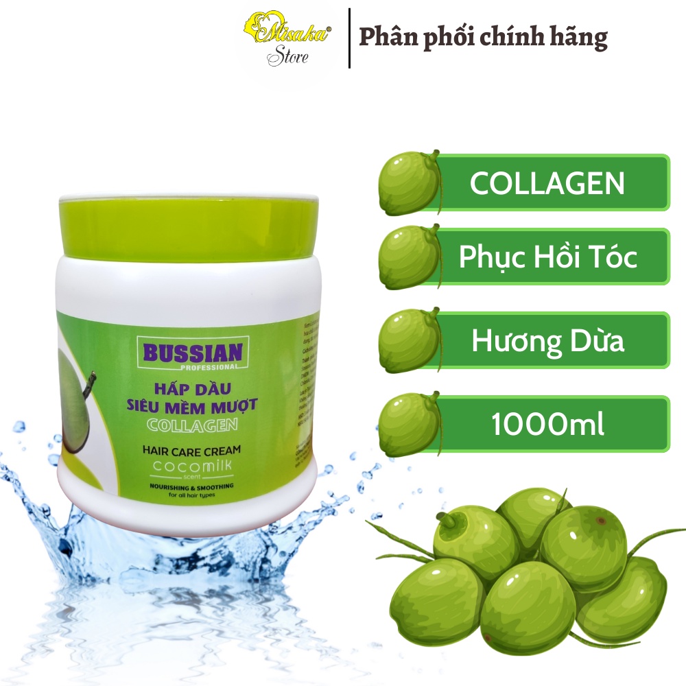 Hấp dầu Dừa Bussian siêu mềm mượt Collagen , hương Dừa , phục hồi tóc hư tổn , 1000ml