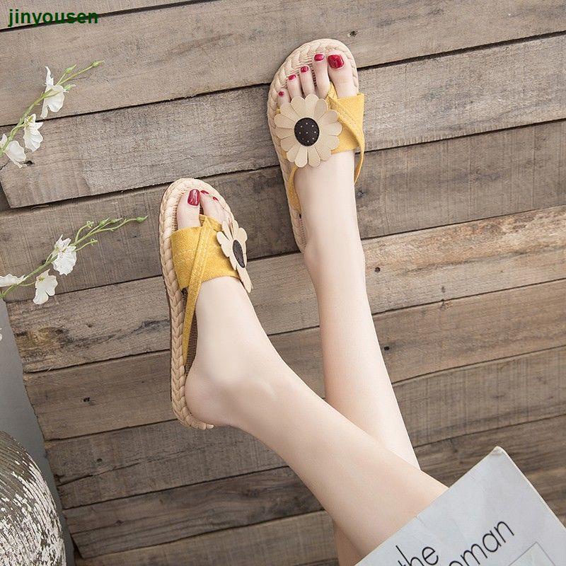 Dép Sandal Xỏ Ngón Đế Bằng Đính Hoa Dễ Thương Thời Trang Mùa Hè Cho Nữ