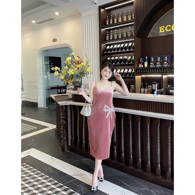Váy 2 dây nhung đính nơ đá sườn, đầm nhung cao cấp
