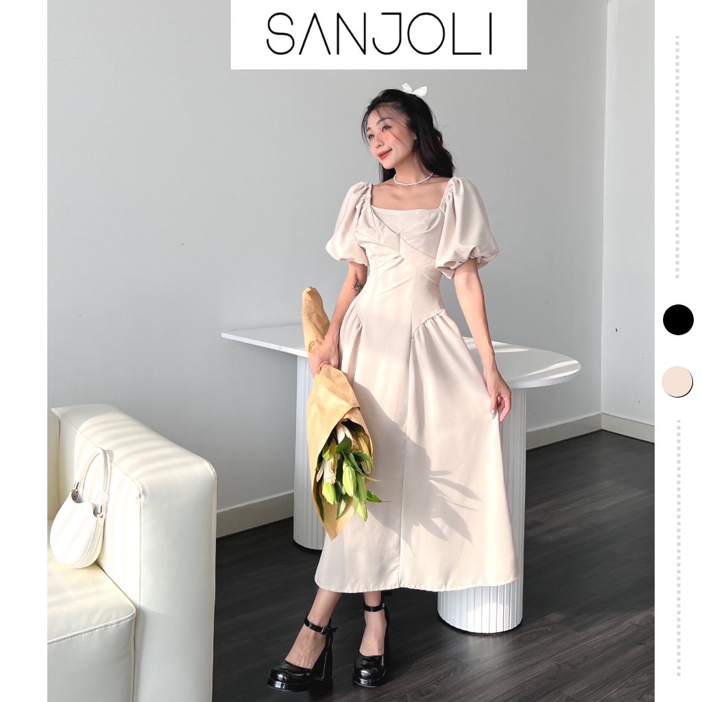 Đầm dự tiệc maxi dáng xòe Sanjoli tay phồng bo chun xoắn nơ chiết eo mùa tết VD001