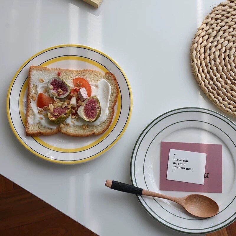 Đĩa sứ phẳng viền màu sắc phong cách Hàn Quốc