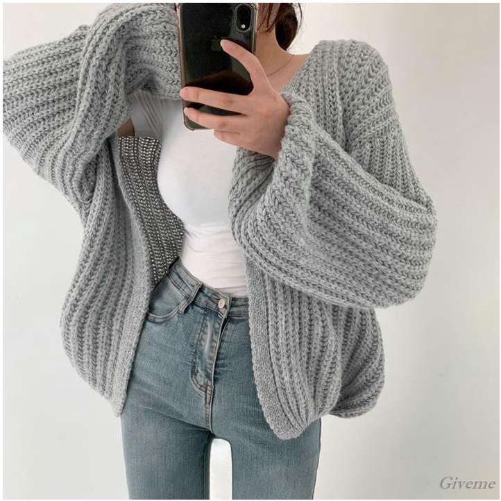 Áo Khoác Cardigan Dệt Kim Tay Phồng Màu Trơn Dáng Rộng Phía Trước Cho Nữ Giới