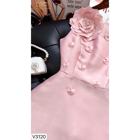 V3120 váy chữ A màu hồng gắn hoa
