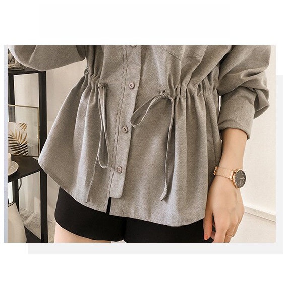 Áo Sơ Mi Dài Tay Dáng Rộng Có Dây Rút Eo Phong Cách Tiểu Thư Trẻ Trung