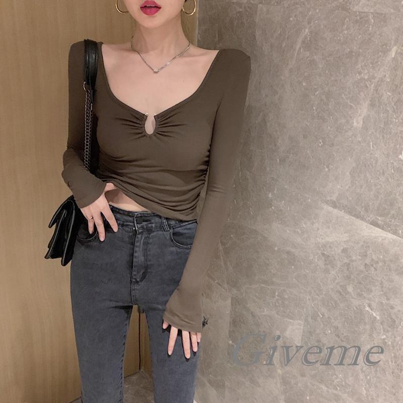 Áo Thun Lửng Tay Dài Cổ Chữ V Thời Trang Cho Nữ