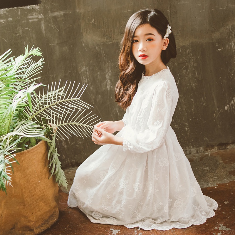 Đầm cotton Trắng Tay Dài Phối Ren Thời Trang Cho Bé Gái 2-16 Tuổi