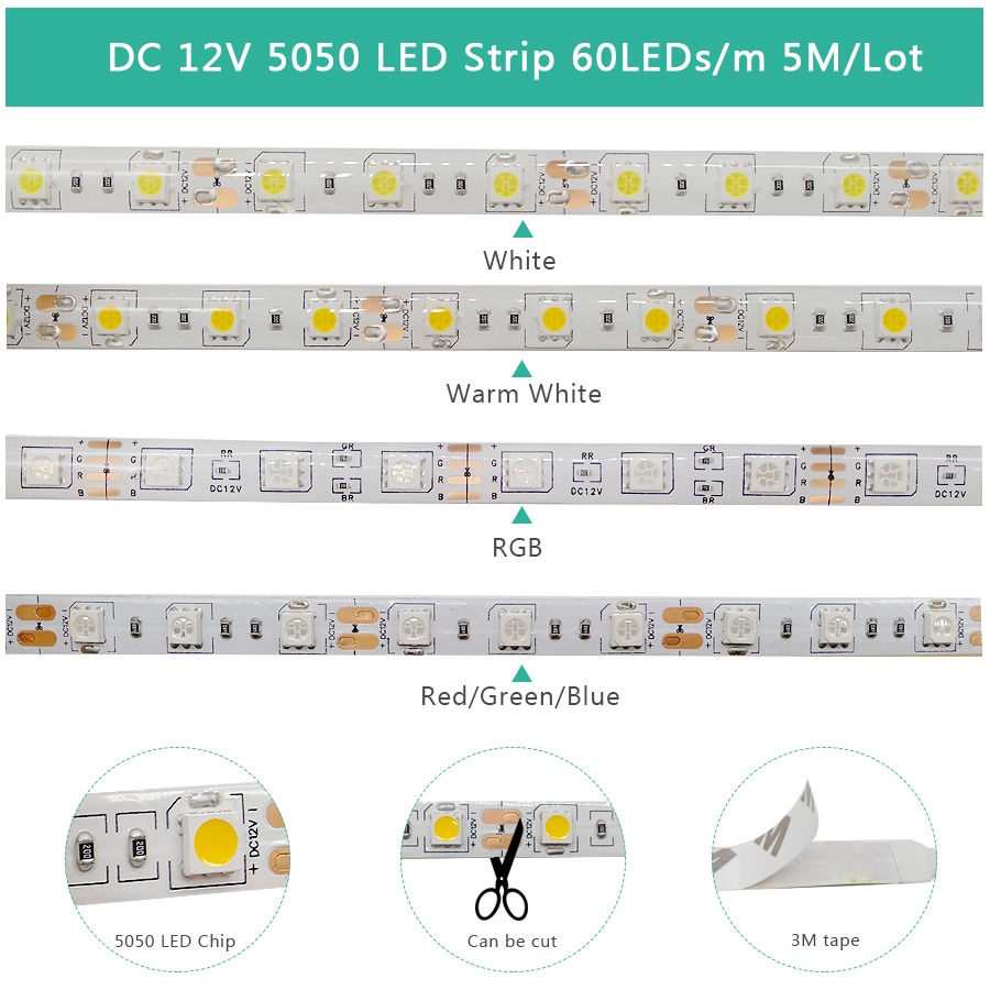 Dây Đèn Led 5M 5050 2835 Rgb 12v Ánh Sáng Trắng Chống Thấm Nước Trang Trí Nhà Bếp