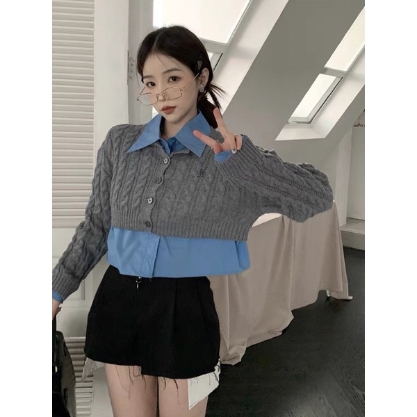 Áo len xám croptop tay dài
