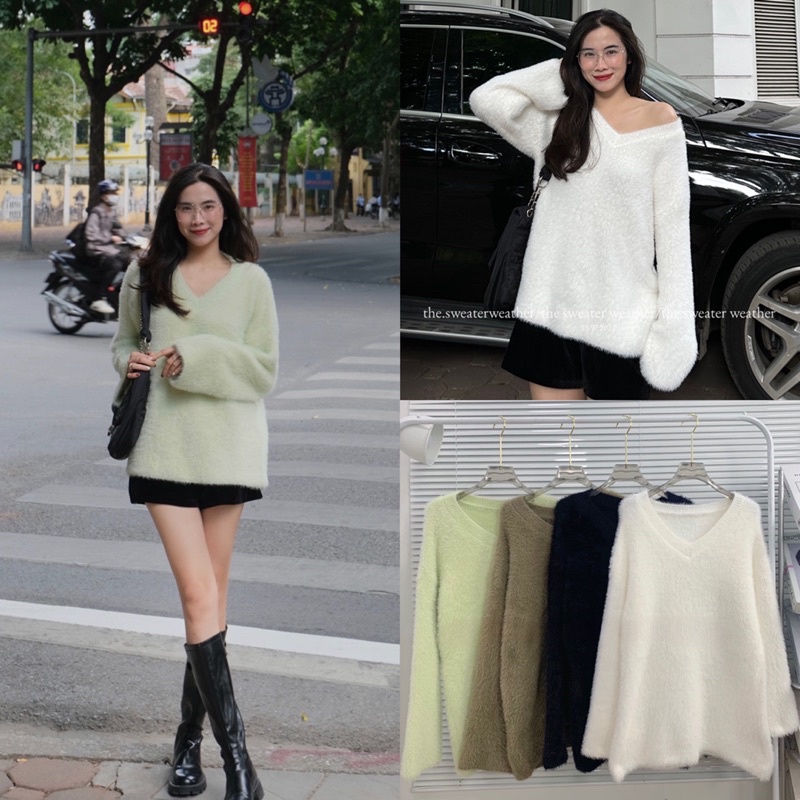 Áo len lông thỏ cổ v oversize the.sweaterweather TSW (ảnh thật)