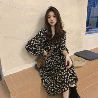 [Hàng Có Sẵn] Đầm Midi Dáng Rộng Dài Vừa Hoạ Tiết Hoa Lá Phong Cách Hàn Quốc Cổ Điển Kiểu Mới 2022