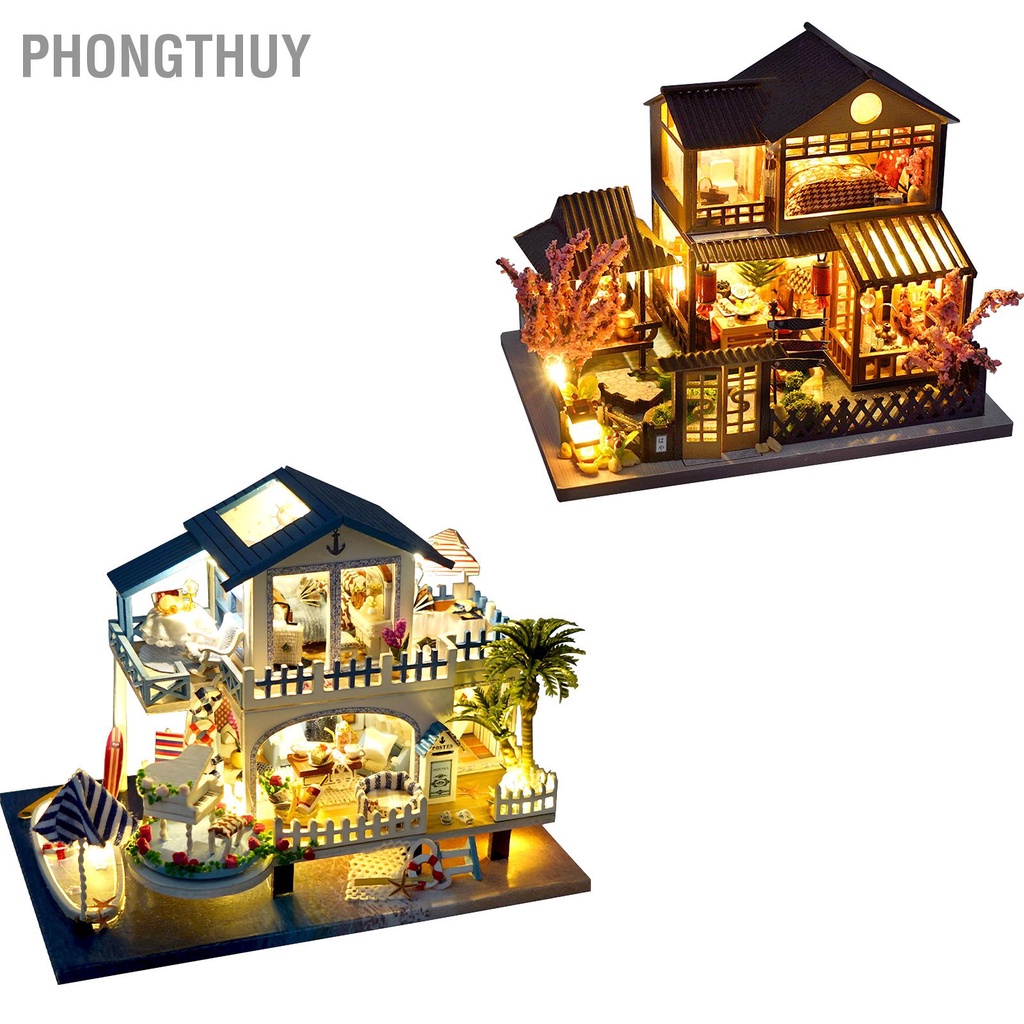 Mô hình ngôi nhà búp bê tự lắp ráp với nội thất mini có đèn DIY thú vị Chất liệu vải gỗ trang trí