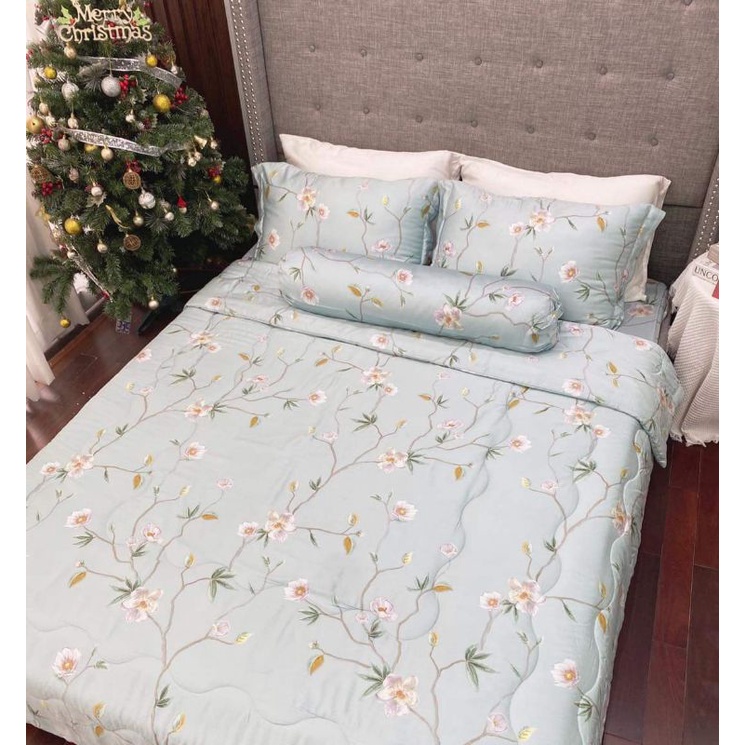 Ga bo chun lẻ Tencel 60s Cao Cấp Hoa trắng xanh m6