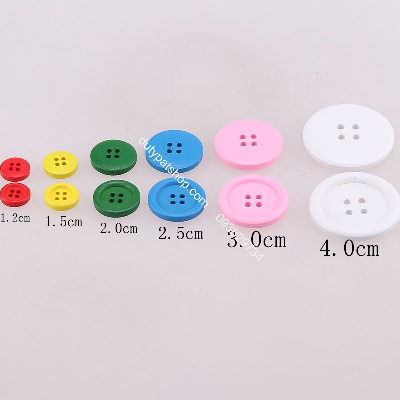 20-100 nút gỗ 4 lỗ nhiều màu nhiều size 1.2cm, 1.5cm, 2cm, 2.5cm, 3cm