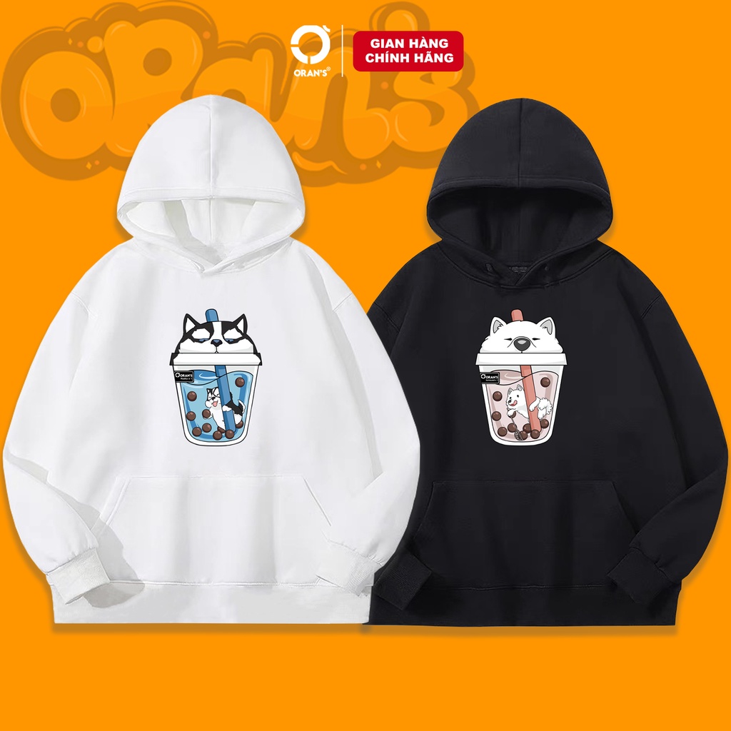 Áo Hoodie đôi in hình trà sữa 4 màu chất nỉ cotton lót bông cao cấp form rộng unisex - ORAN'S HOODIE COUPLE 08