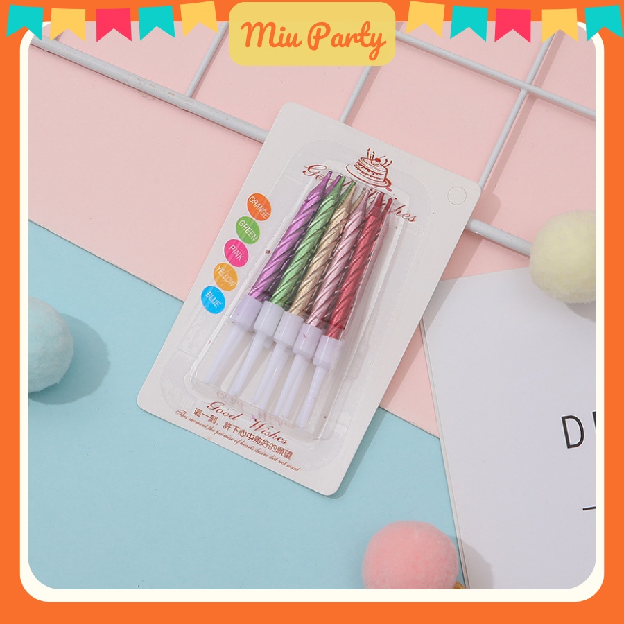Vỉ 10 Cây Nến Xoắn Nhũ Nhỏ Trang Trí Bánh Kem Sinh Nhật Màu Sắc Bắt Mắt - Miu Party