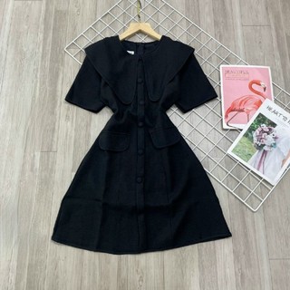 Đầm form A cổ sen viền túi đắp