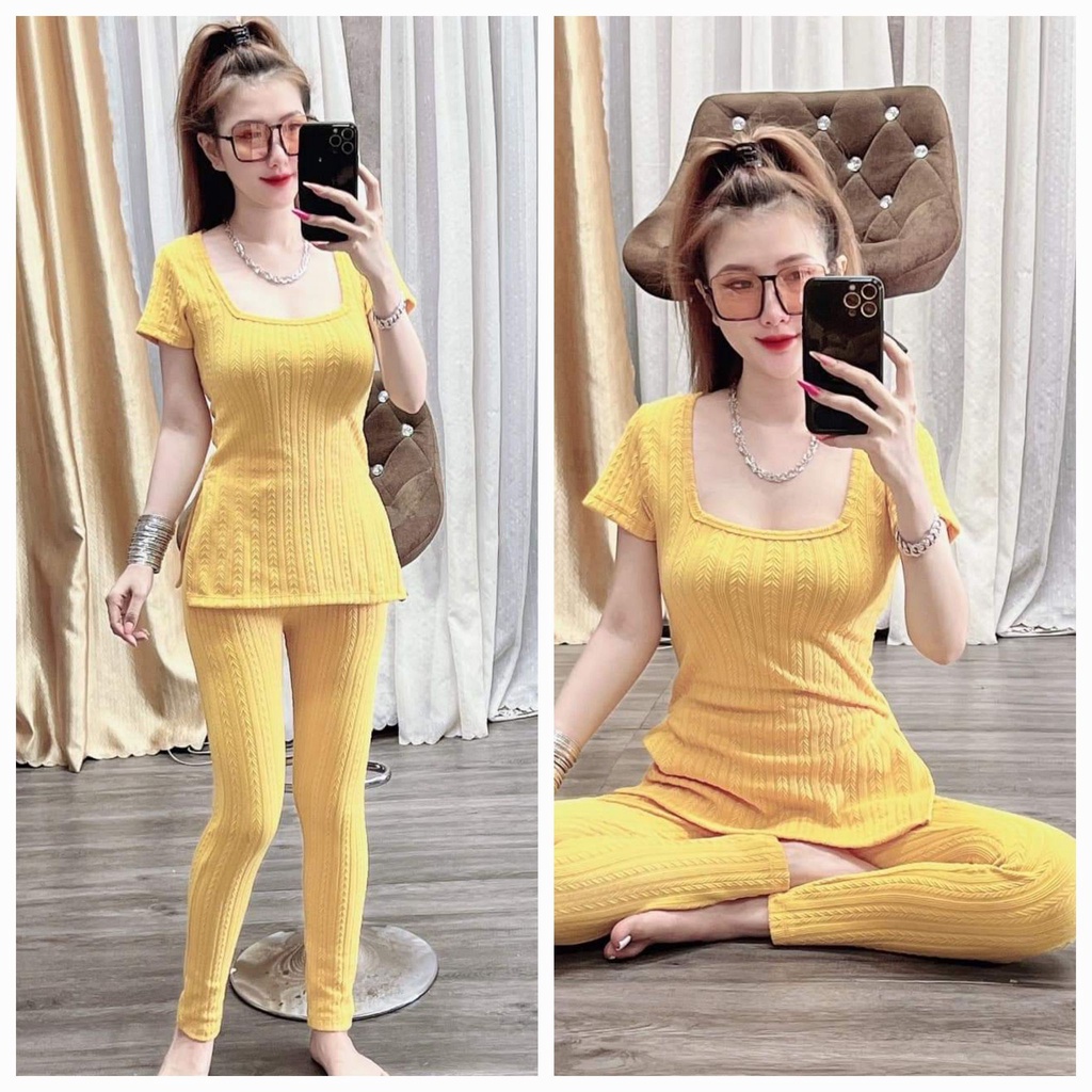 Đồ bộ nữ quần legging đai cao có túi và áo ôm ngắn tay cổ vuông xẻ lai rất tôn dáng vải thun cotton 2 lớp gân siêu dày