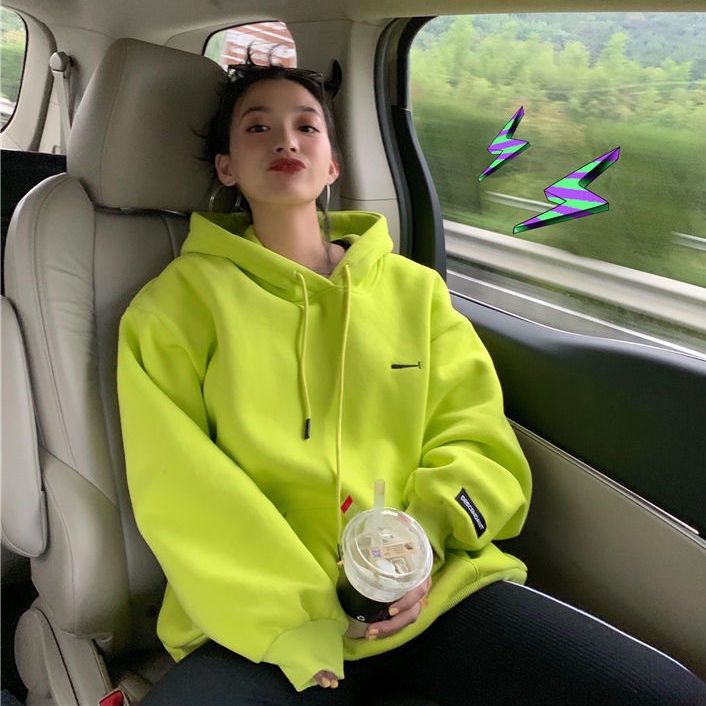 Áo Hoodie Dáng Ôm Màu Xanh Lá Dạ Quang Thời Trang Xuân Thu 2021 Cho Nữ