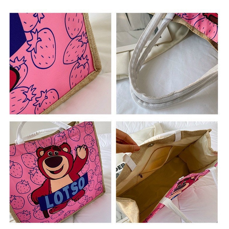 Túi xách nữ, túi cói LOSTO gấu hồng đựng tiện ích siêu tiện lợi phong cách Nhật Bản