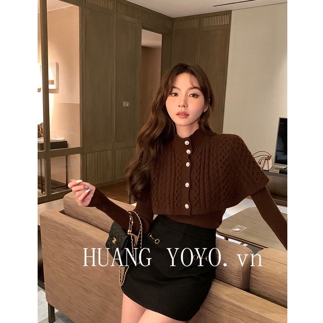 HUANG YOYO Bộ Áo Len Tay Dài + Khăn Choàng Ngắn Màu Trơn Gợi Cảm Thời Trang Phong Cách Hàn Quốc Cho Nữ