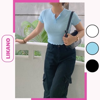 Áo croptop nữ tay ngắn kiểu ôm, áo thun croptop cổ V viền bèo LIKANO CRT76
