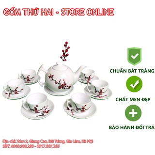 Bộ ấm chén uống trà, bộ ấm chén bát tràng men mát hoa đào đỏ