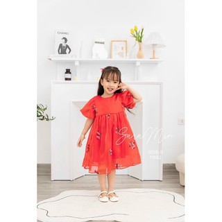 Đầm lụa bóng màu đỏ tay phồng thêu hoa – Y550
