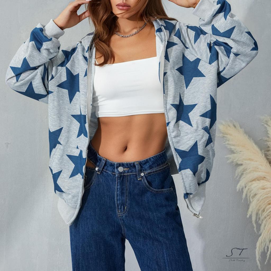 Áo Khoác Hoodie Tay Dài Có Khóa Kéo In Hình Ngôi Sao Màu Sắc Tương Phản Phong Cách Vintage CY03