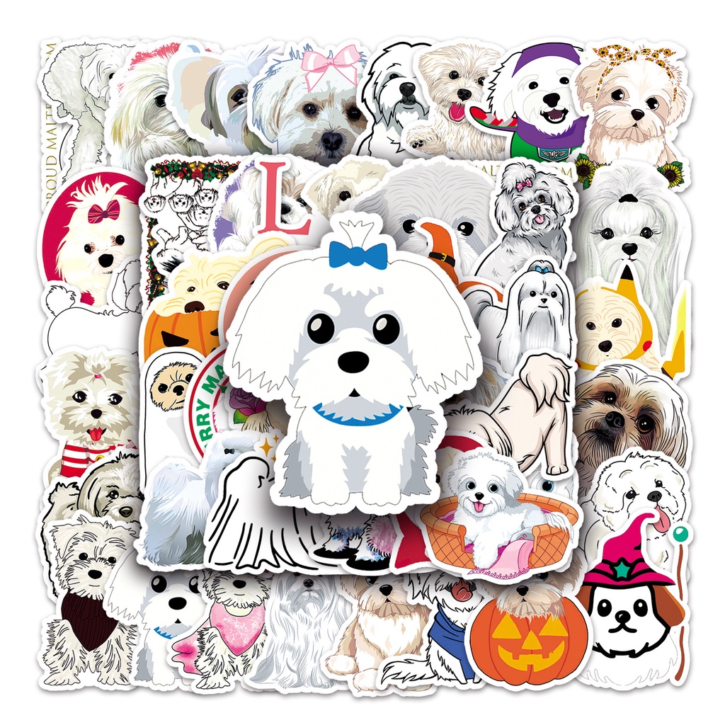 [Set 50 Cái] Bộ Sticker chó Maltese đáng yêu dán trang trí laptop, mũ bảo hiểm, vali, xe ga, ván trượt - DB.054