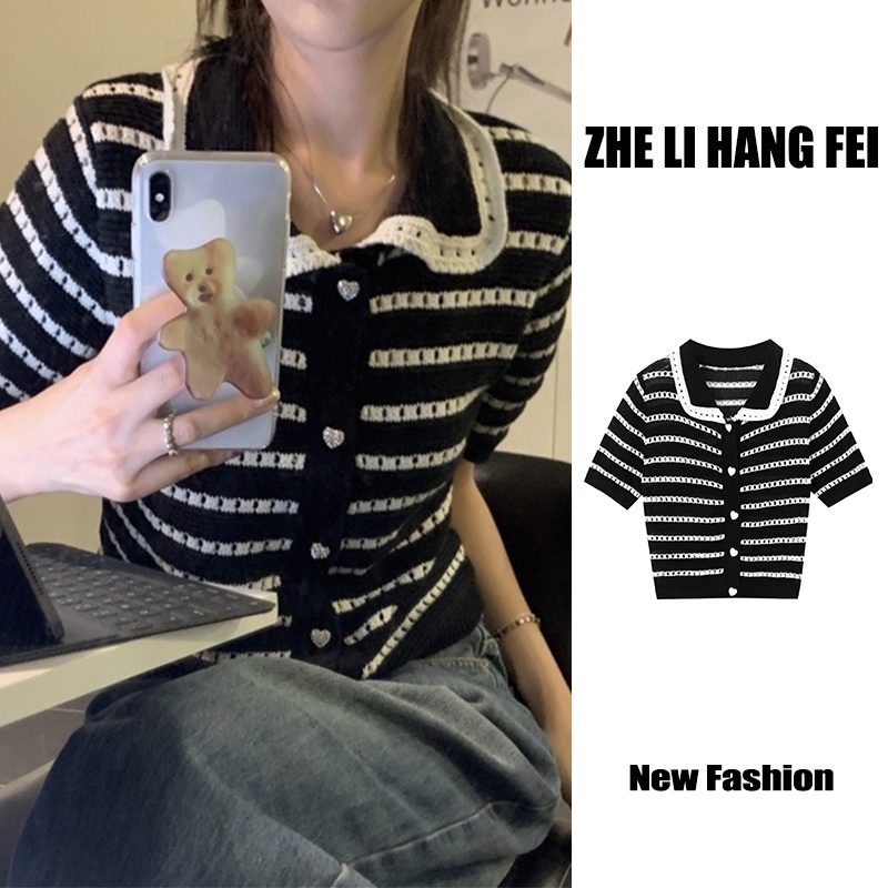 Áo croptop ZHELIHANGFEI dệt kim cổ polo tay ngắn kẻ sọc thiết kế trẻ trung cá tính dành cho nữ