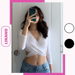 Áo croptop nữ kiểu tay dài, áo crt ôm cổ V sexy dây buột LIKANO CRT81