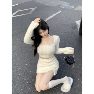 Set đầm len lông thỏ cao cấp xẻ đùi thắt nơ eo sexy hàng quảng châu/ Váy cổ vuông hở lưng đi tiệc đi du lịch Sapa,Đà Lạt