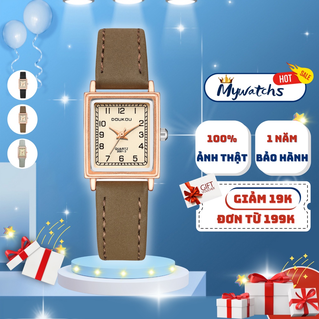 Đồng hồ nữ dây da cao cấp chính hãng Doukou mặt vuông đẹp thanh lịch giá rẻ kiểu dáng vintage dễ phối đồ