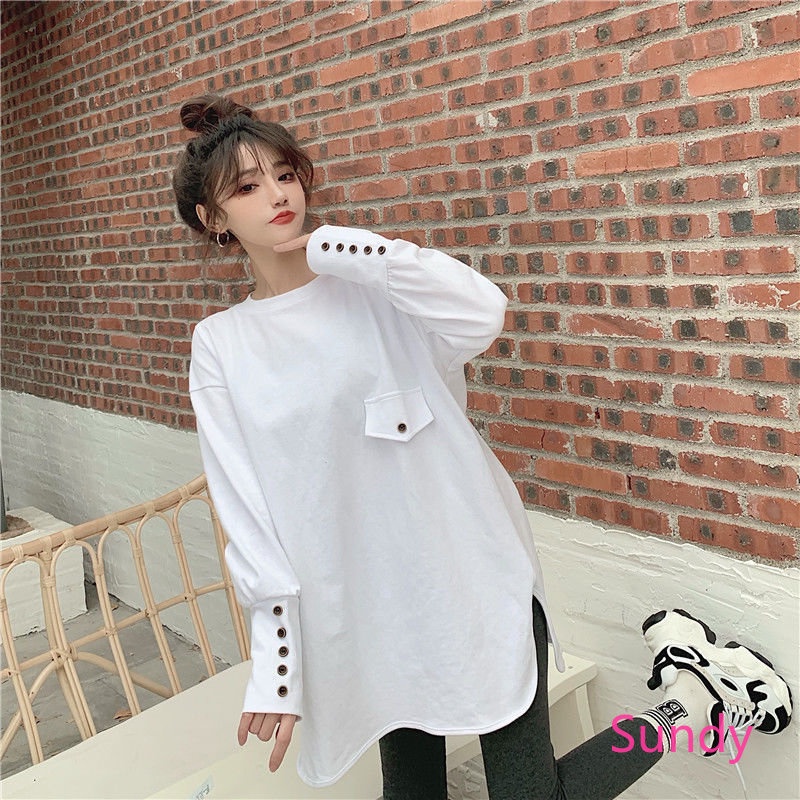 Plus Áo Thun Tay Dài Cổ Tròn Dáng Rộng Thời Trang Mùa Thu Phong Cách Hàn Quốc Cho Nữ Có Size Lớn