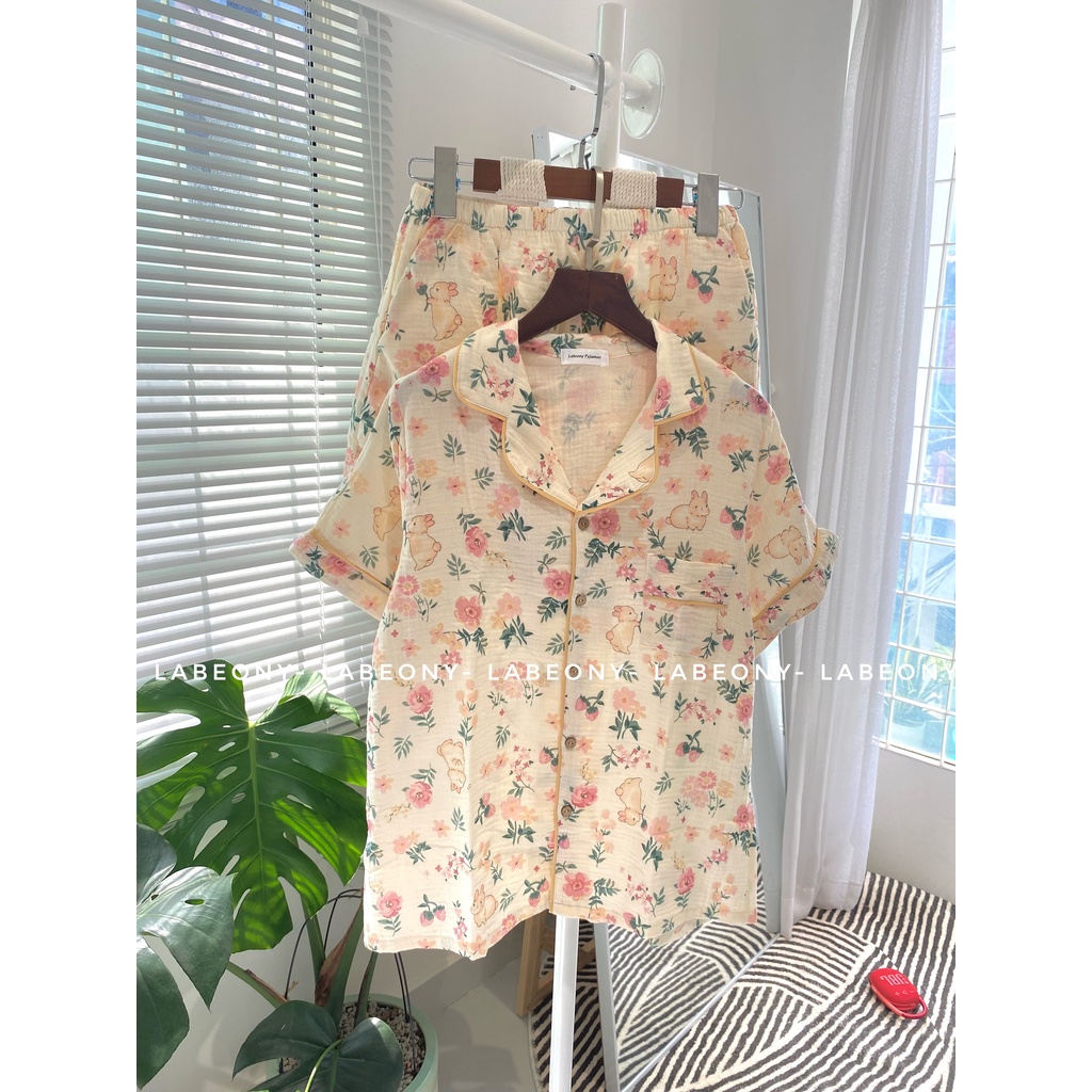 Đồ bộ nữ mặc nhà pijama ngắn dài tay thỏ hoa nhí xô muslin dễ thương Labeony