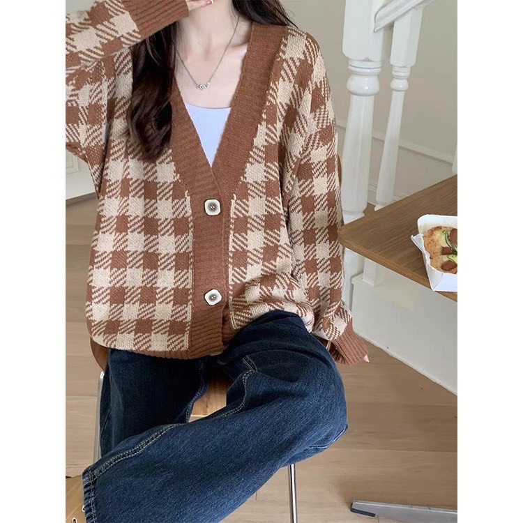 Áo len cardigan kẻ ô dài tay  dáng rộng, áo khoác cardigan kẻ ô form rộng dài tay dày dặn màu nâu đen PIKA.CLOTHINGG