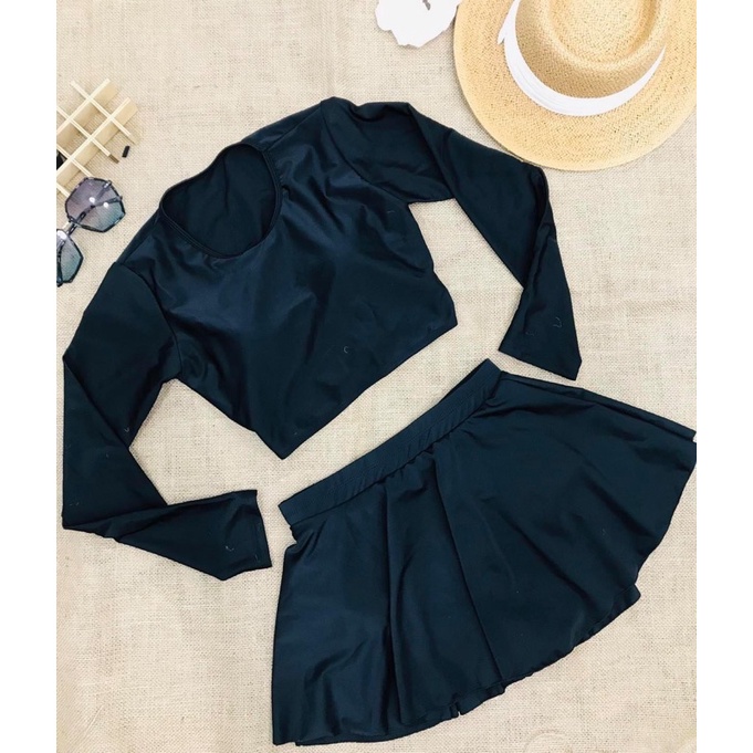 Đồ bơi nữ tay dài kín đáo bikini 2 mãnh áo có mút ngực váy xòe lưng cao che bụng bên trong có quần đùi Xuka