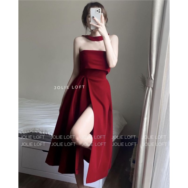 Váy nhung xòe dài cách điệu xẻ tà cúp ngực có đệm mút dày dặn cao cấp tiểu thư ulzzang HQ - Váy đỏ dự tiệc Yena Closet