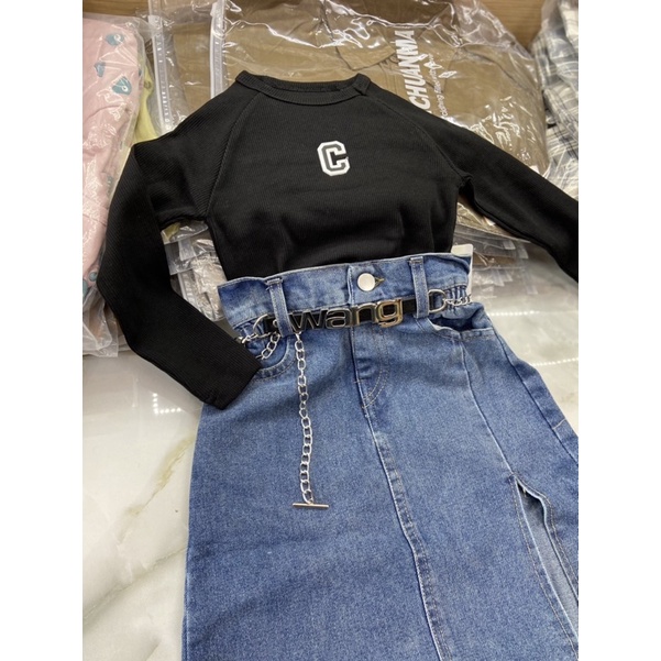 Set áo croptop+ chân váy jean cho bé gái, hàng quảng châu cao cấp