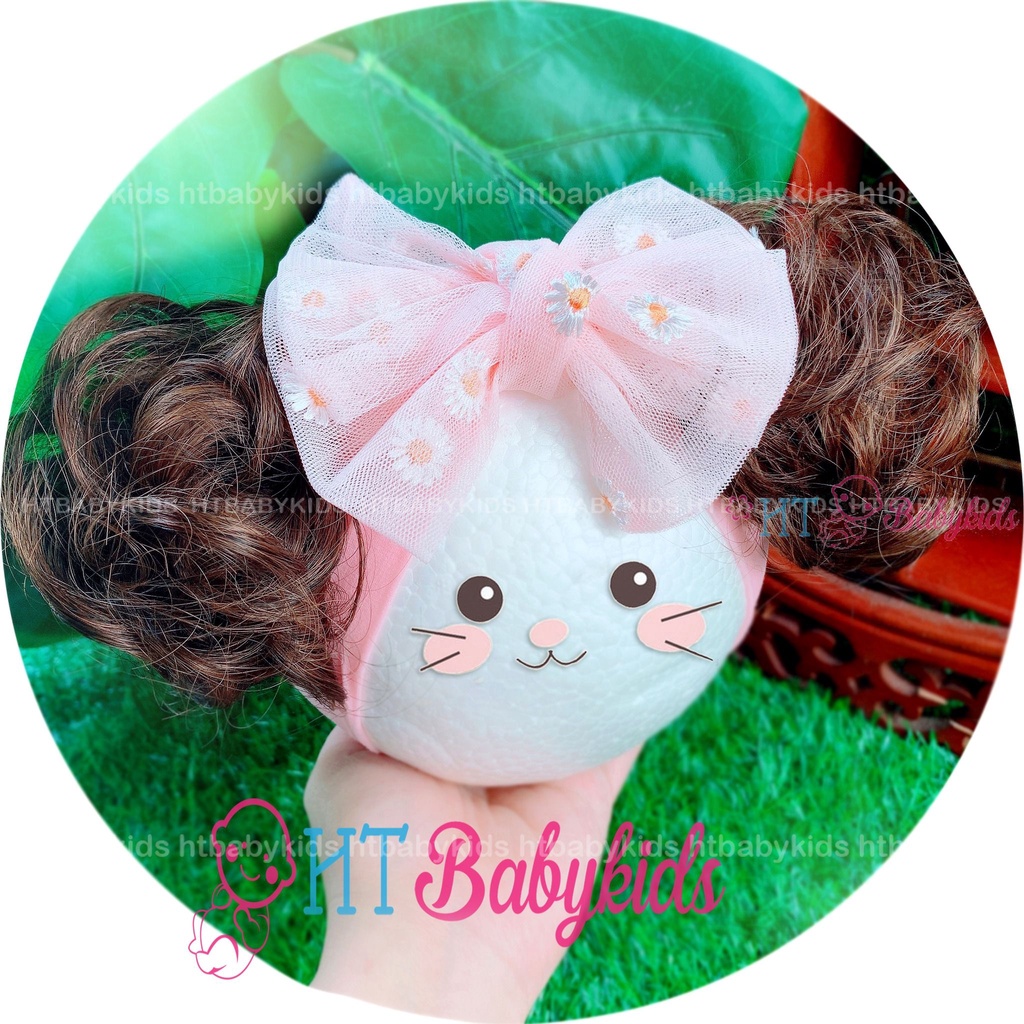 Turban Băng Đô Tóc Giả Cho Bé Gái Màu Trắng Nơ Kèm Tóc Búi Xoăn 2 Bên