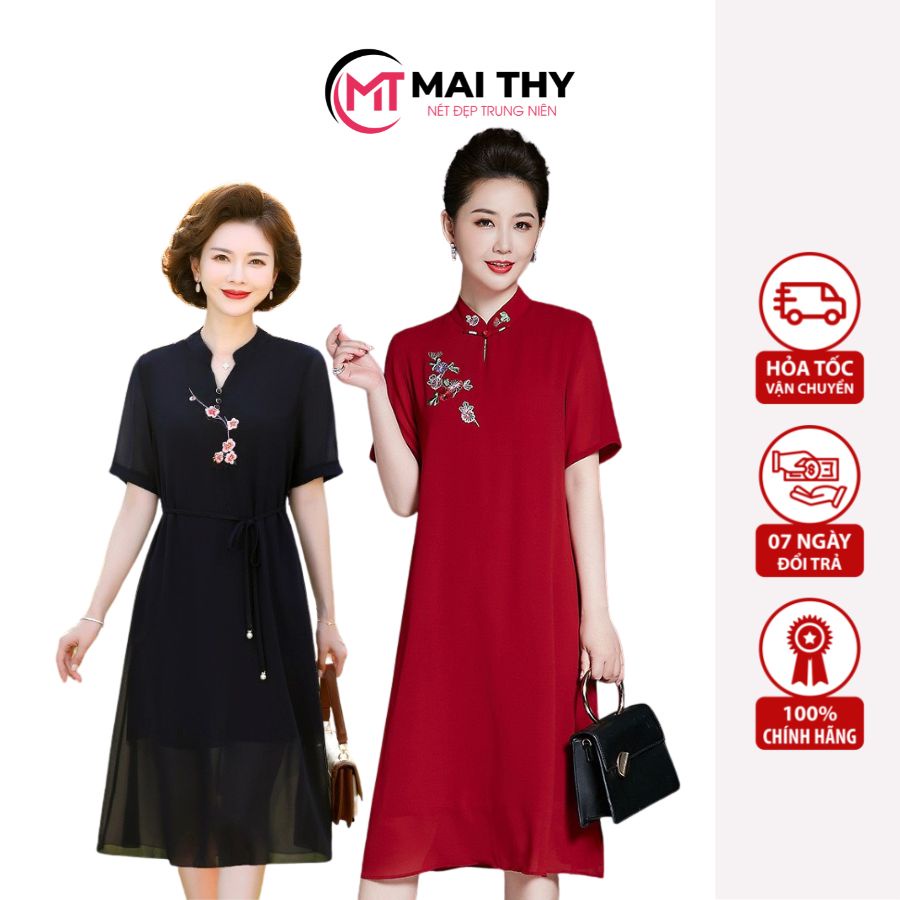 Đầm Trung Niên Tặng Mẹ MAI THY, Kiểu Váy Suông Thêu Hoa Ngắn Tay Cho Mẹ Đi Tiệc Lịch Sự | Thời Trang Trung Niên U40+