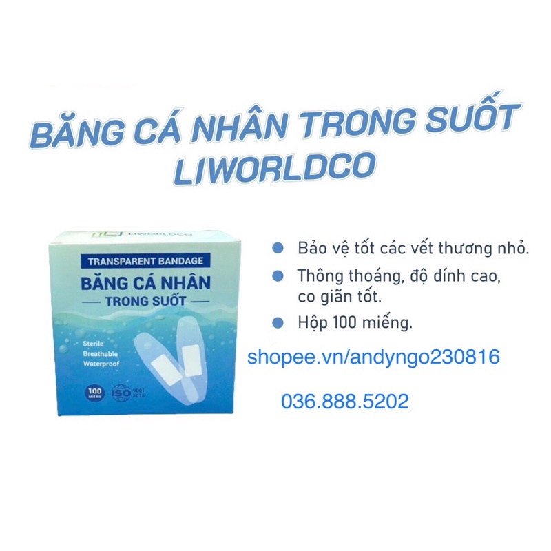 Băng cá nhân trong suốt Hộp 100 miếng - Băng cá nhân chăm sóc, bảo vệ vết thương Liworldco