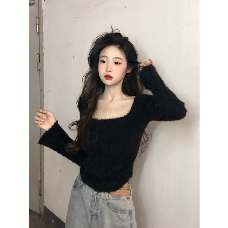 Áo Sweater Nhung Dệt Kim Tay Dài Cổ Vuông Thời Trang Mùa Thu Cho Nữ