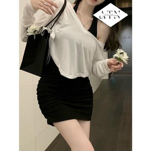 Set Đầm Thun Gân Body Nút Cài Kèm Khoác Gân Chất Mềm Mịn Siêu Đẹp Cá Tính Đi Chơi Đi Dạo ATN CLOTHING