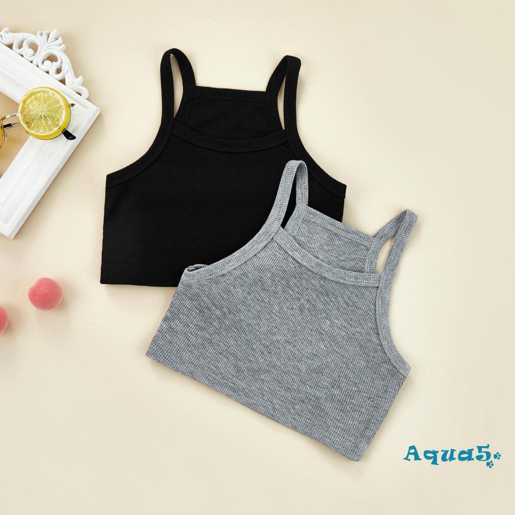 AQQ-Kids Girls Casual Tank Tops, Solid Color Sleeveless Knitted Sling Crop Tops, Gray/Black
