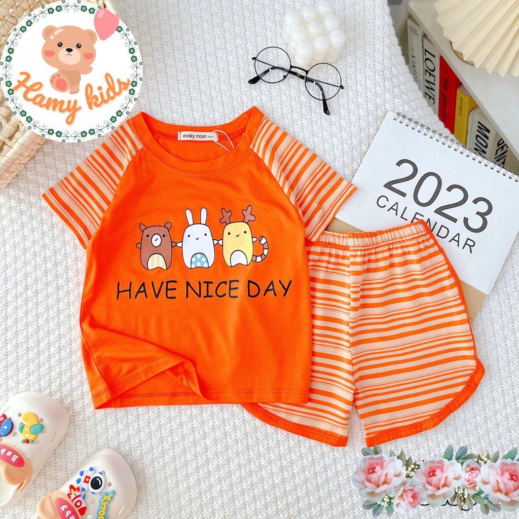 Bộ Tay Ngắn Raplan Sọc Dệt Minky Mom Chính Hãng Thun Lạnh Quần Vát Hình Chó Con Gấu Con Bé 0-5 Tuổi Dưới 20kg - Hamykids