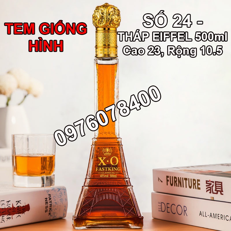 Vỏ Chai Thủy Tinh Đựng Rượu Tháp Eiffel 500ml, Bình Ngâm Rượu Độc Lạ, CTT-24