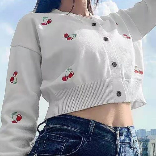 Áo Khoác Cardigan Dệt Kim Dáng Ngắn Tay Dài Màu Hồng Cherry Dễ Thương Thời Trang 2021 Cho Bạn Gái