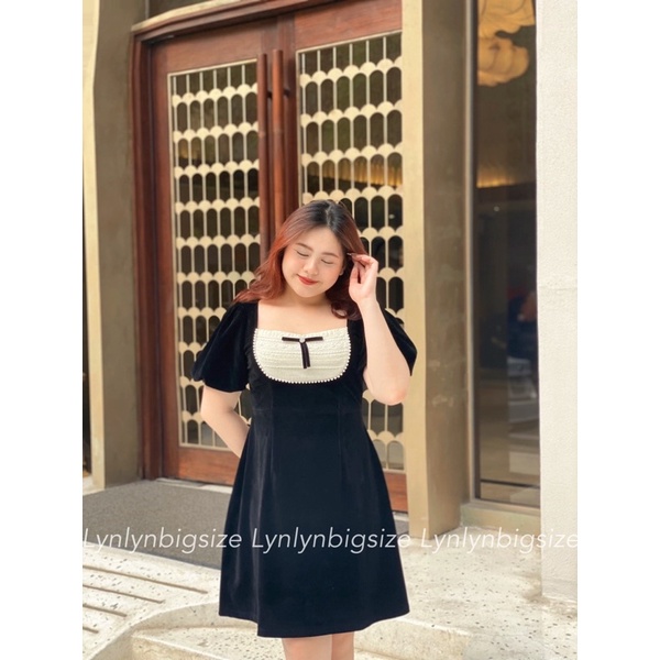 Váy Nhung Bigsize phối ren nơ ngực cách điệu ( 58-98kg)