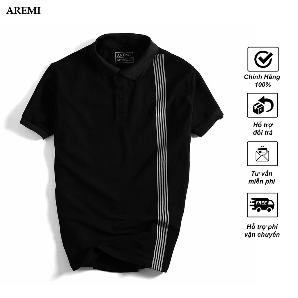 Áo Polo nam cổ trụ tay ngắn AREMI, thun cao cấp màu đen in sắc nét, thiết kế đơn giản sang trọng APL0072